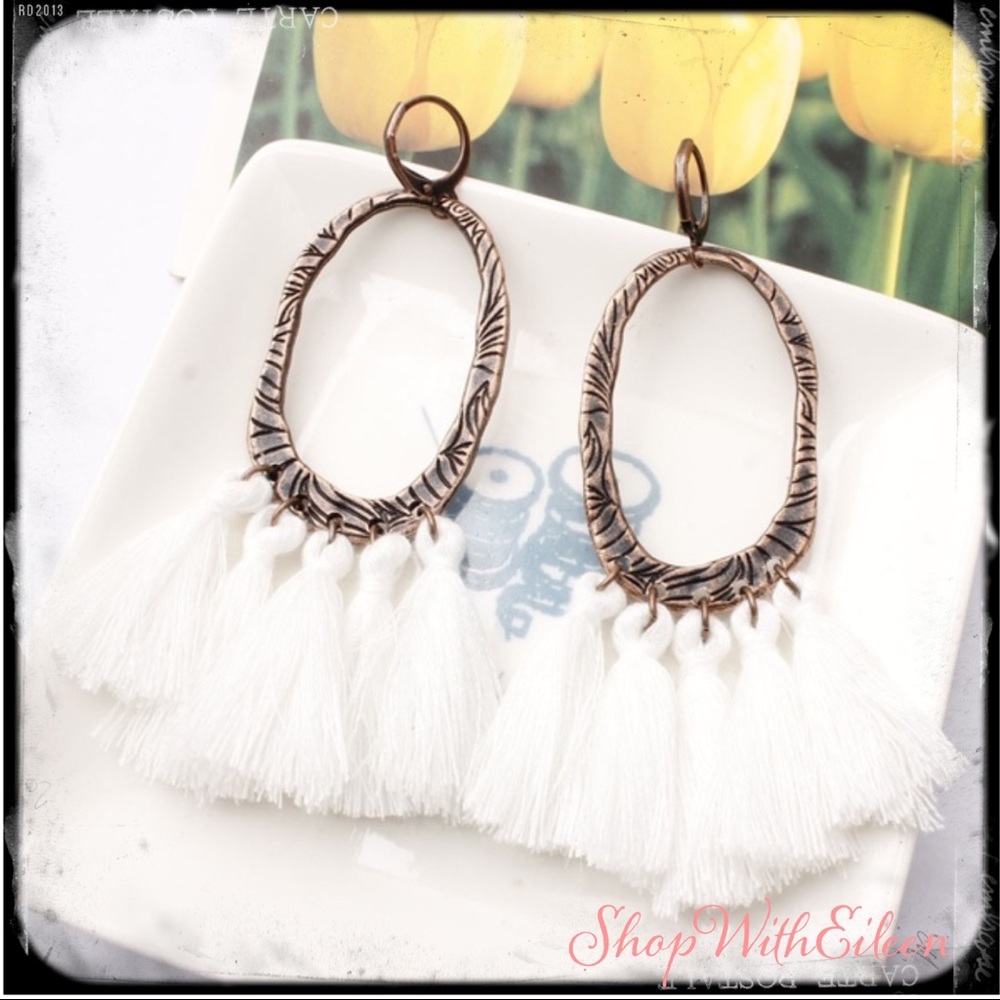 White Fringe Tassel Etched Brass Boho Hoop Earrings